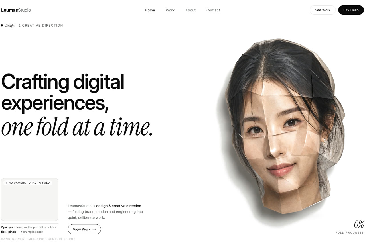 One Fold — a hand-controlled origami portrait, the LeumaStudio flagship piece