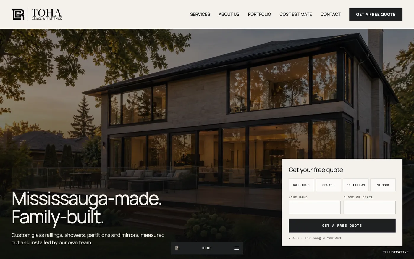 Toha Glass & Railings — homepage concept with a built-in quote form