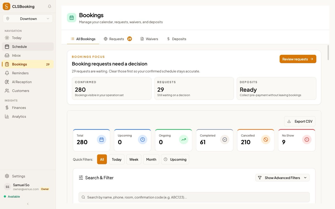 CLS Booking bookings management — requests, waivers, deposits and statuses