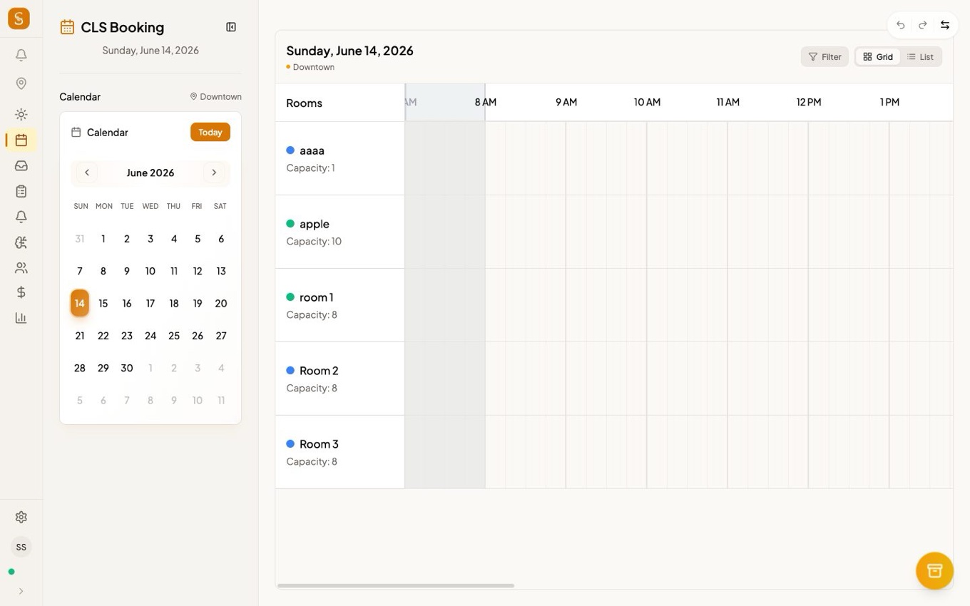 CLS Booking owner scheduling board — every room across the day