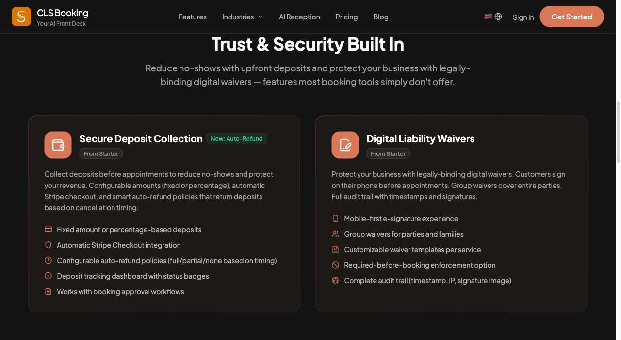 CLS Booking Stripe deposits and digital liability waivers