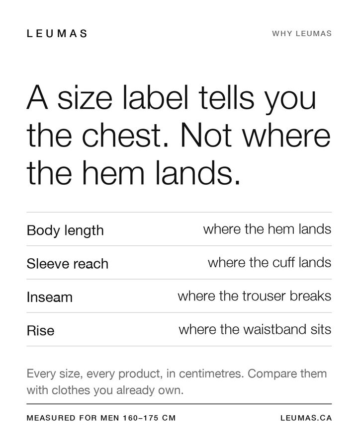 Leumas card: every size in centimetres