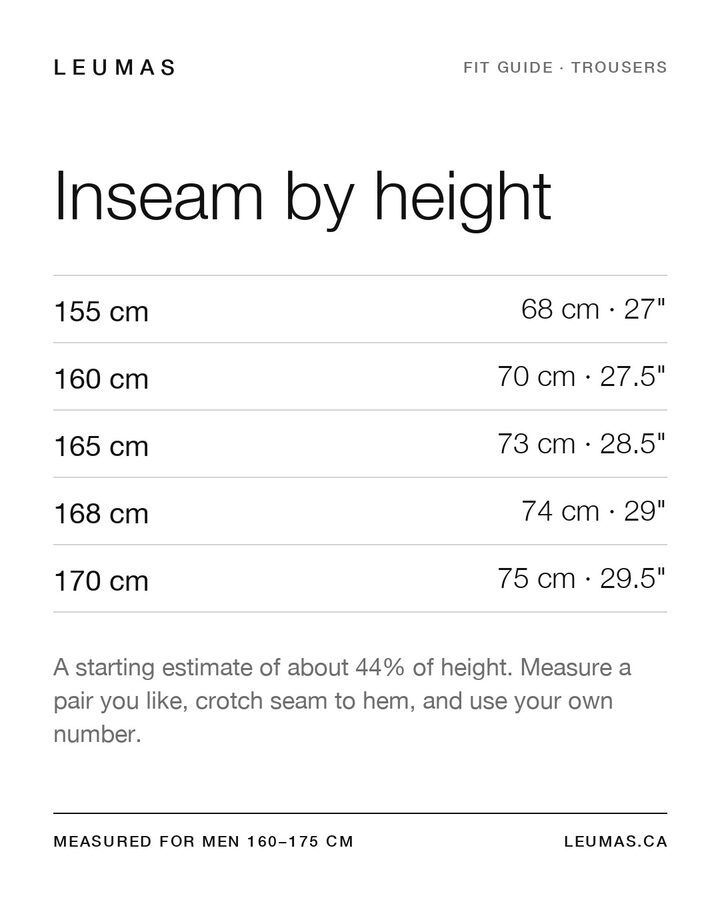 Leumas education card: inseam by height