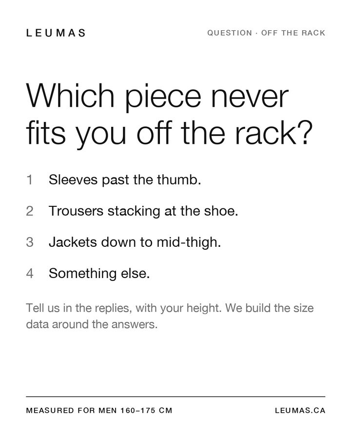 Leumas community card asking which piece never fits off the rack