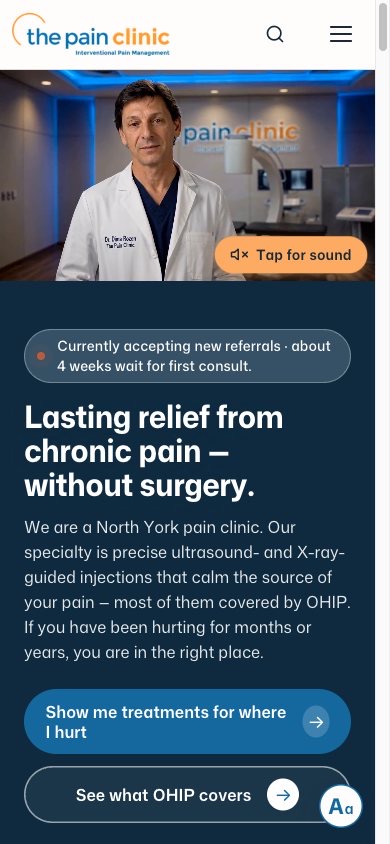 The Pain Clinic Toronto homepage on mobile