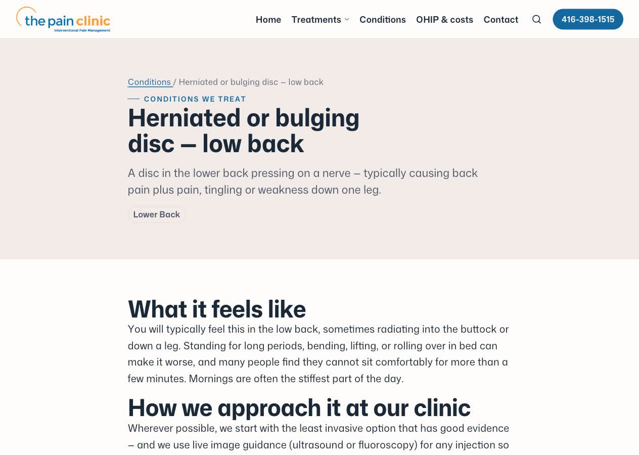 A plain-language condition page for a herniated low-back disc