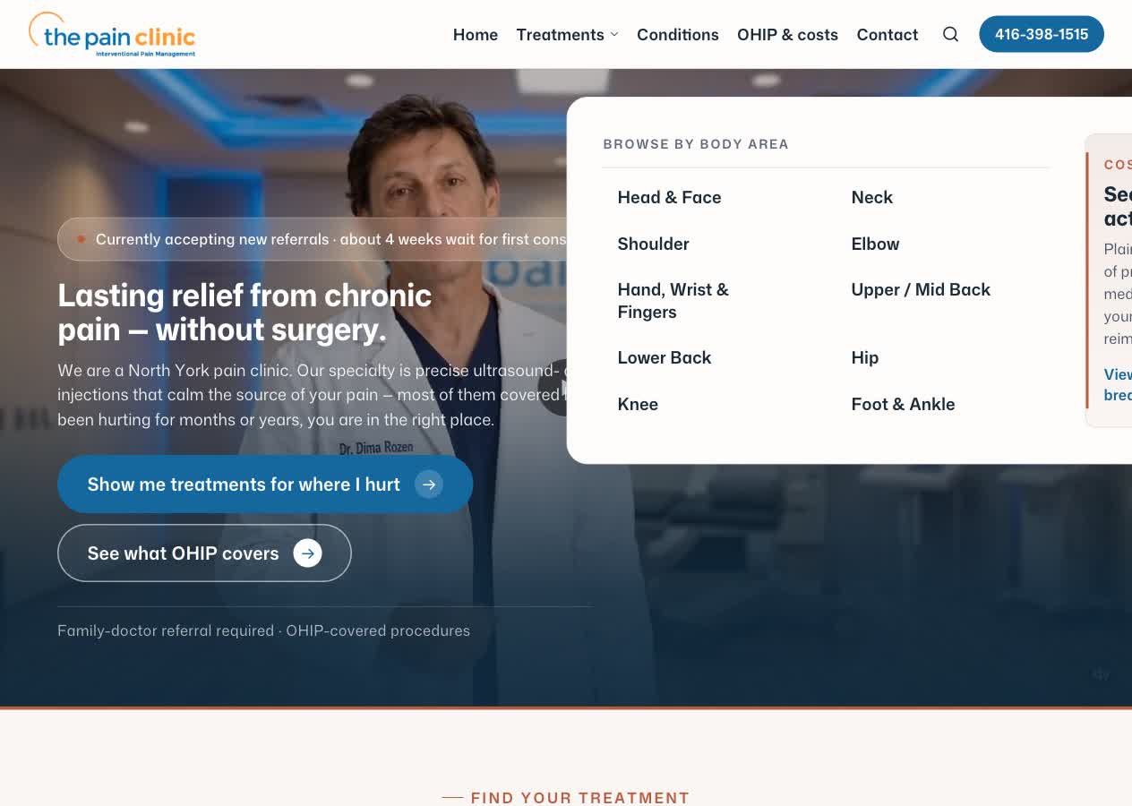 The Pain Clinic treatments mega-menu open, browsing by body area