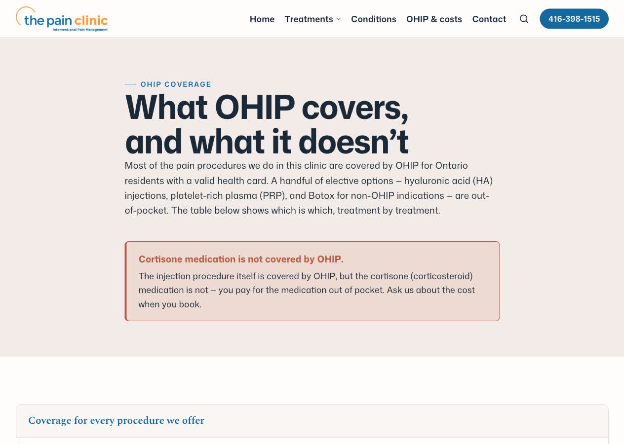The Pain Clinic OHIP and costs page explaining coverage plainly