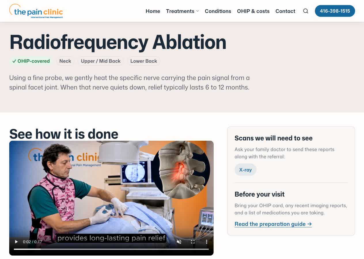 A radiofrequency ablation treatment page with an embedded explainer film