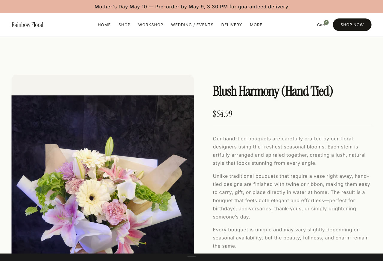Rainbow Floral product page — Blush Harmony hand-tied bouquet