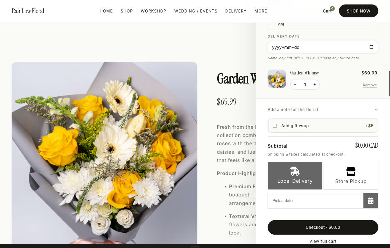 The Rainbow Floral slide-in cart drawer with checkout