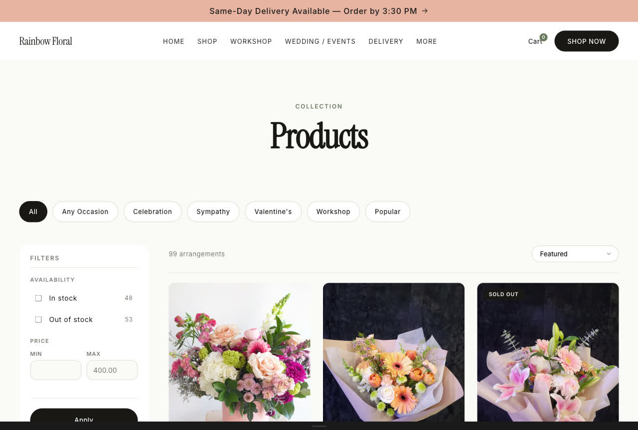 The Rainbow Floral collection page with occasion filters