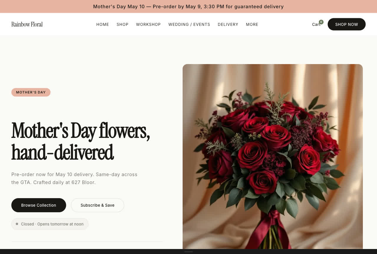 The Rainbow Floral redesign homepage hero